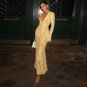 European And American Style Sexy Female Deep V Long Sleeve Mesh Lace Hollow Dress