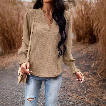 Temperament Commute Long Sleeve V-neck Smocking Top