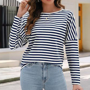 Women's Long-sleeved Round Neck T-shirt Striped Contrast Color
