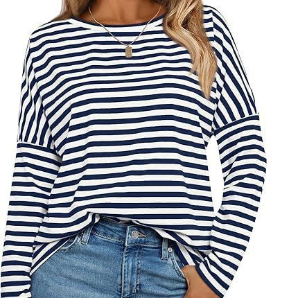Women's Long-sleeved Round Neck T-shirt Striped Contrast Color