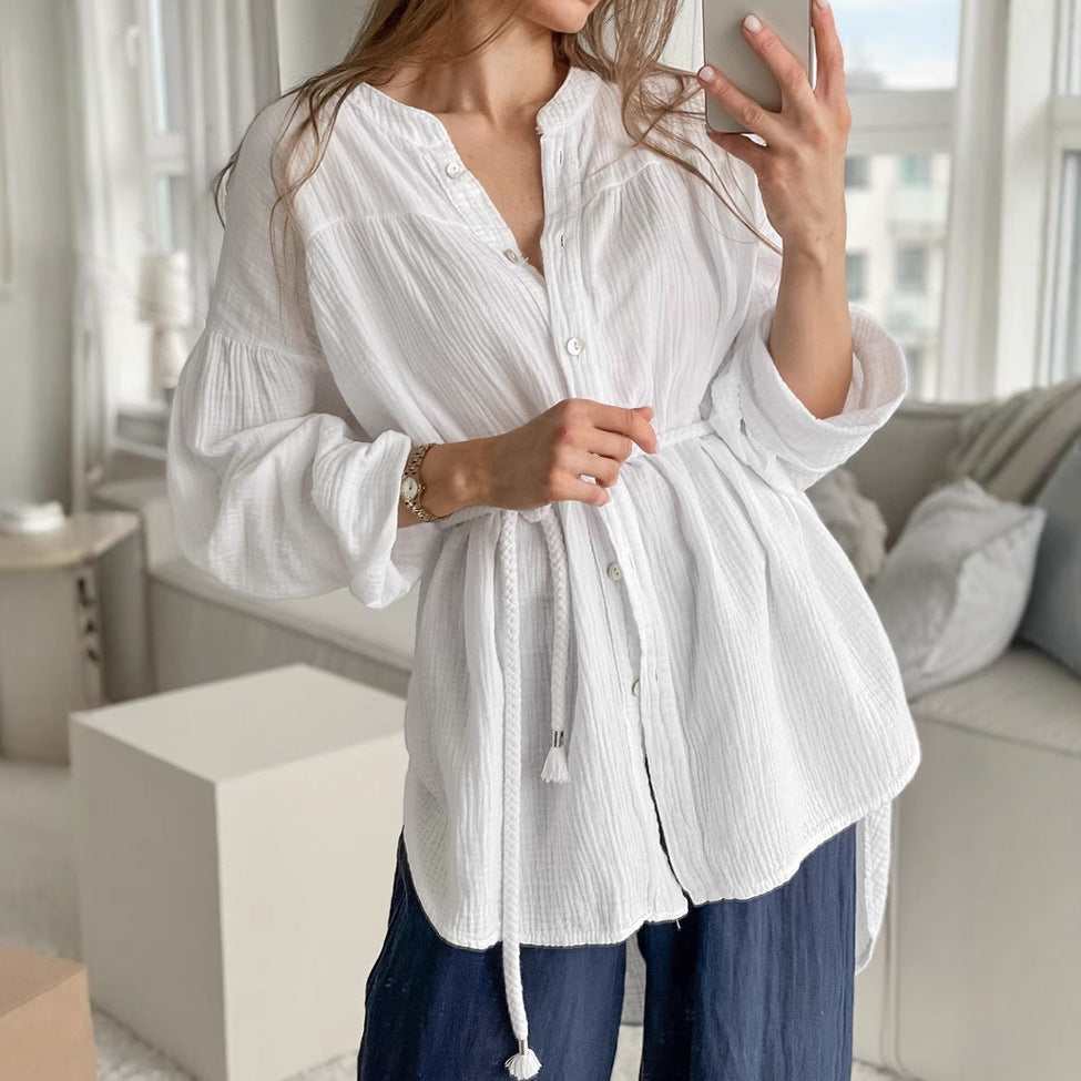 White Cotton Bubble Crepe Belt Small Stand Collar Shirt