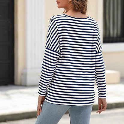 Women's Long-sleeved Round Neck T-shirt Striped Contrast Color