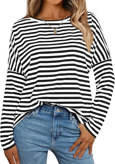 Women's Long-sleeved Round Neck T-shirt Striped Contrast Color