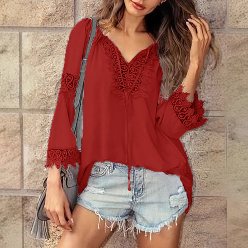 V-neck Lace Stitching Shirt Top