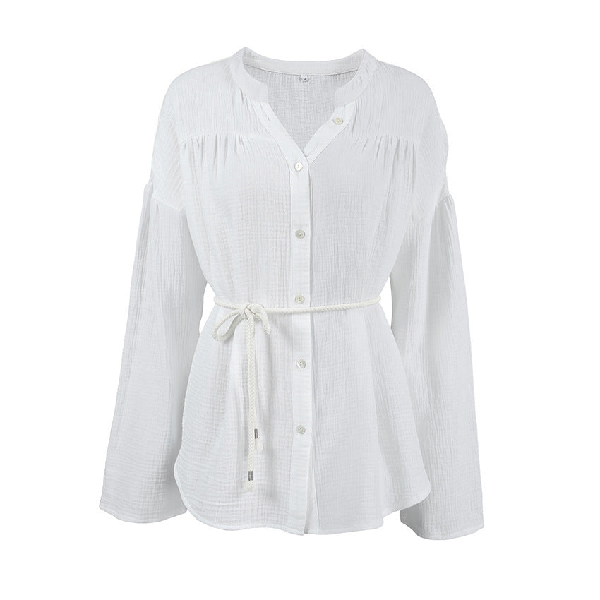 White Cotton Bubble Crepe Belt Small Stand Collar Shirt
