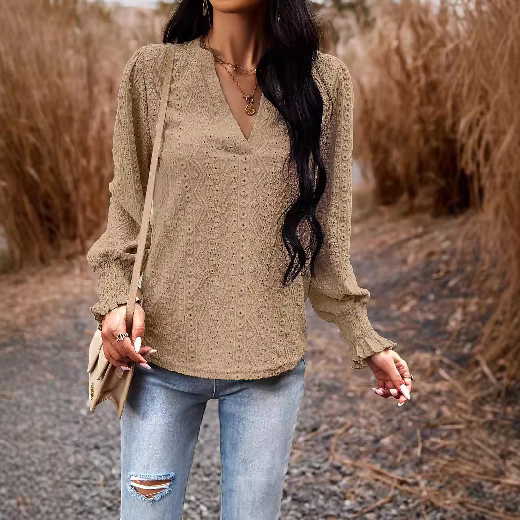 Temperament Commute Long Sleeve V-neck Smocking Top