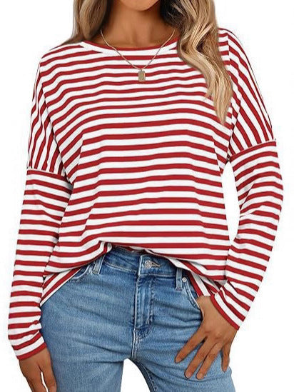 Women's Long-sleeved Round Neck T-shirt Striped Contrast Color