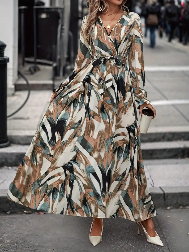 V-neck Printed Waist-controlled Lace-up Bohemian Dress
