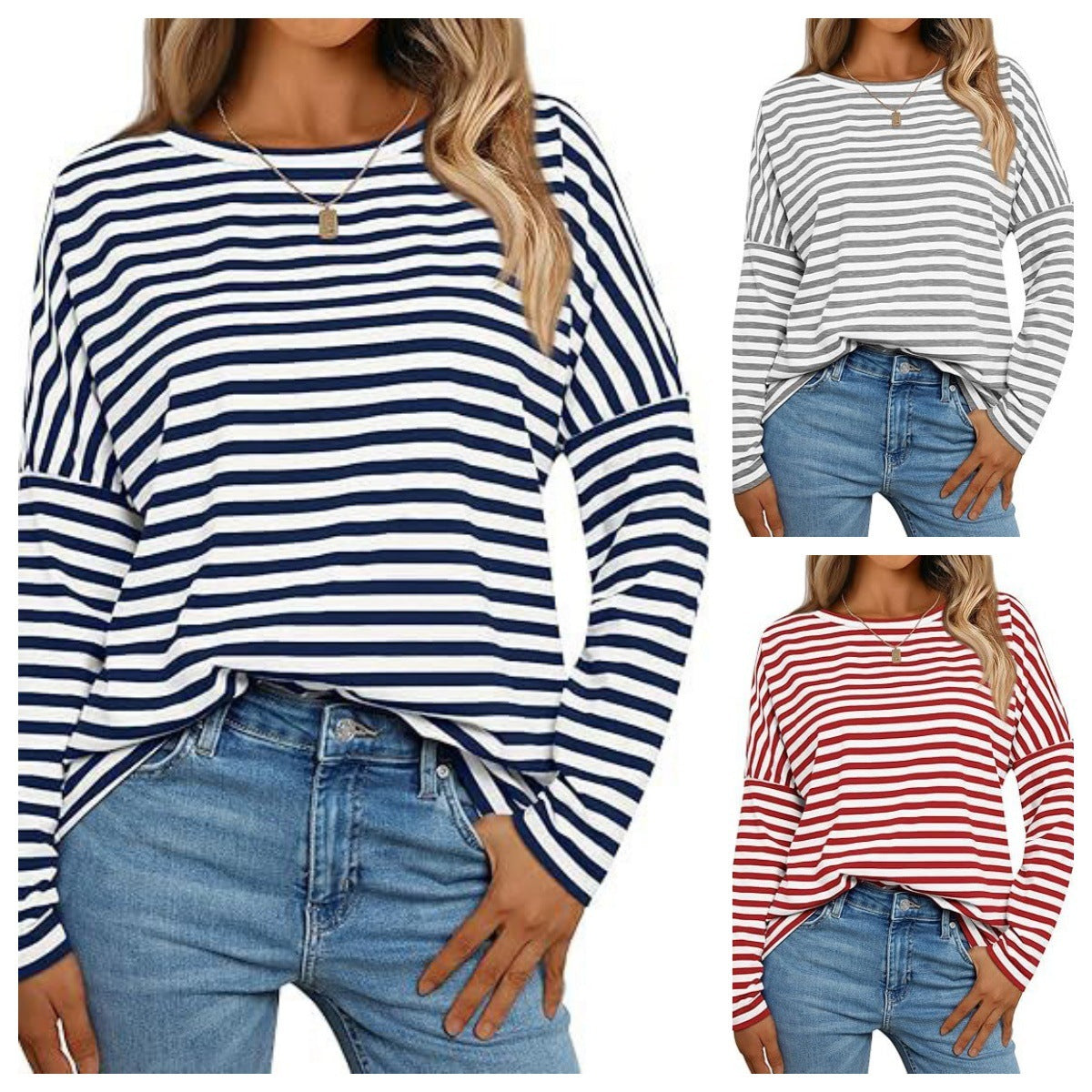 Women's Long-sleeved Round Neck T-shirt Striped Contrast Color