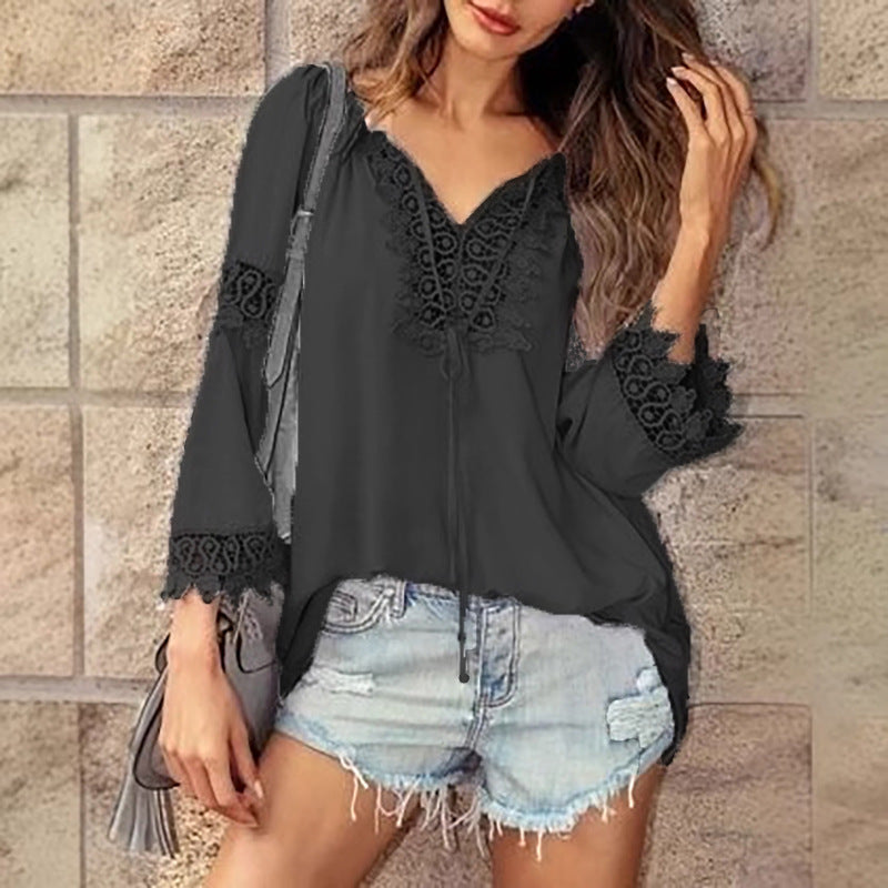 V-neck Lace Stitching Shirt Top
