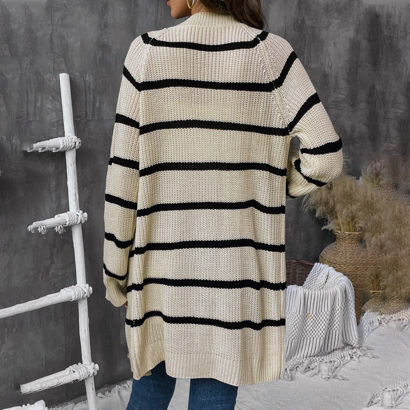 Mid-length Striped Knitted Cardigan Sweater