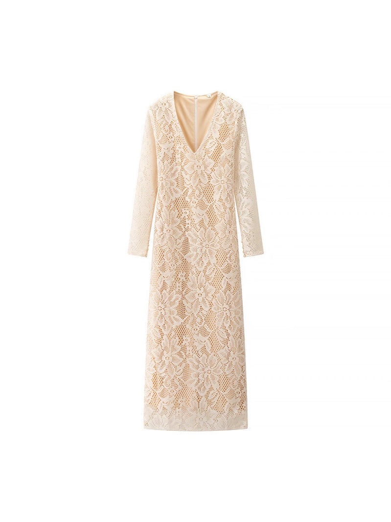 European And American Style Sexy Female Deep V Long Sleeve Mesh Lace Hollow Dress