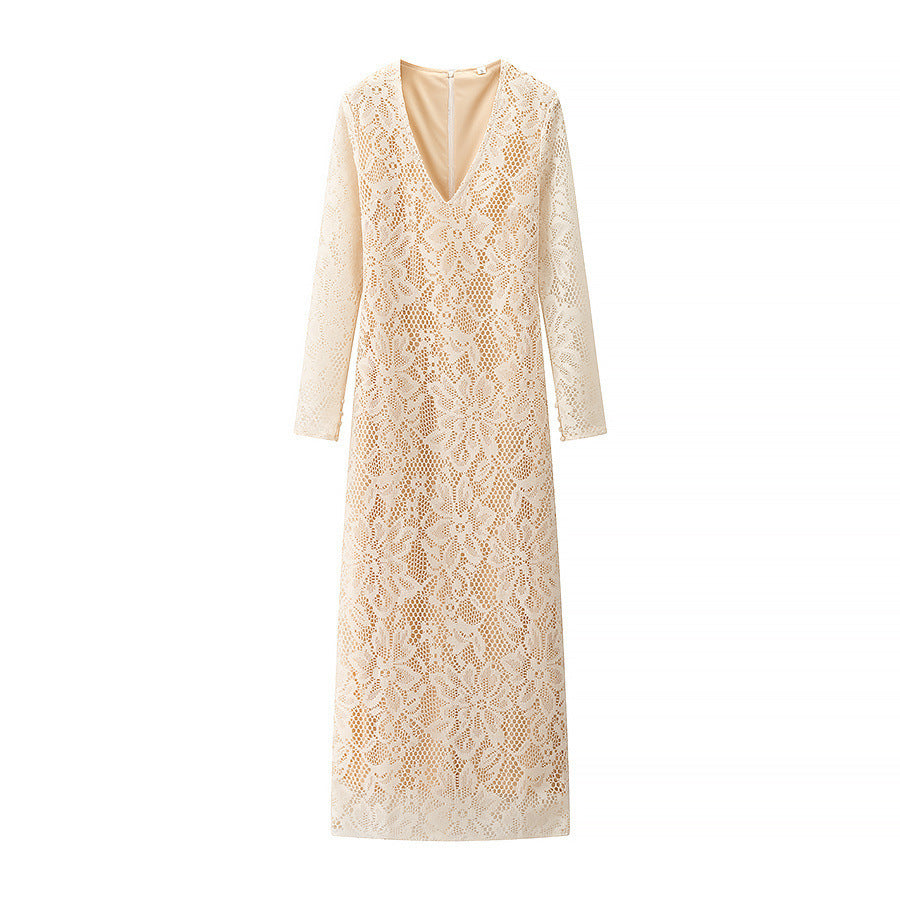 European And American Style Sexy Female Deep V Long Sleeve Mesh Lace Hollow Dress