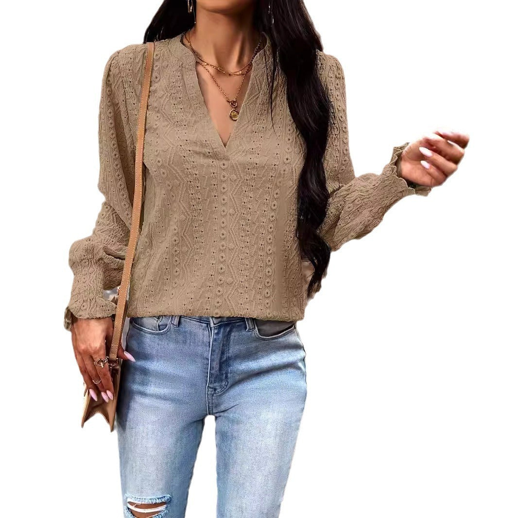 Temperament Commute Long Sleeve V-neck Smocking Top