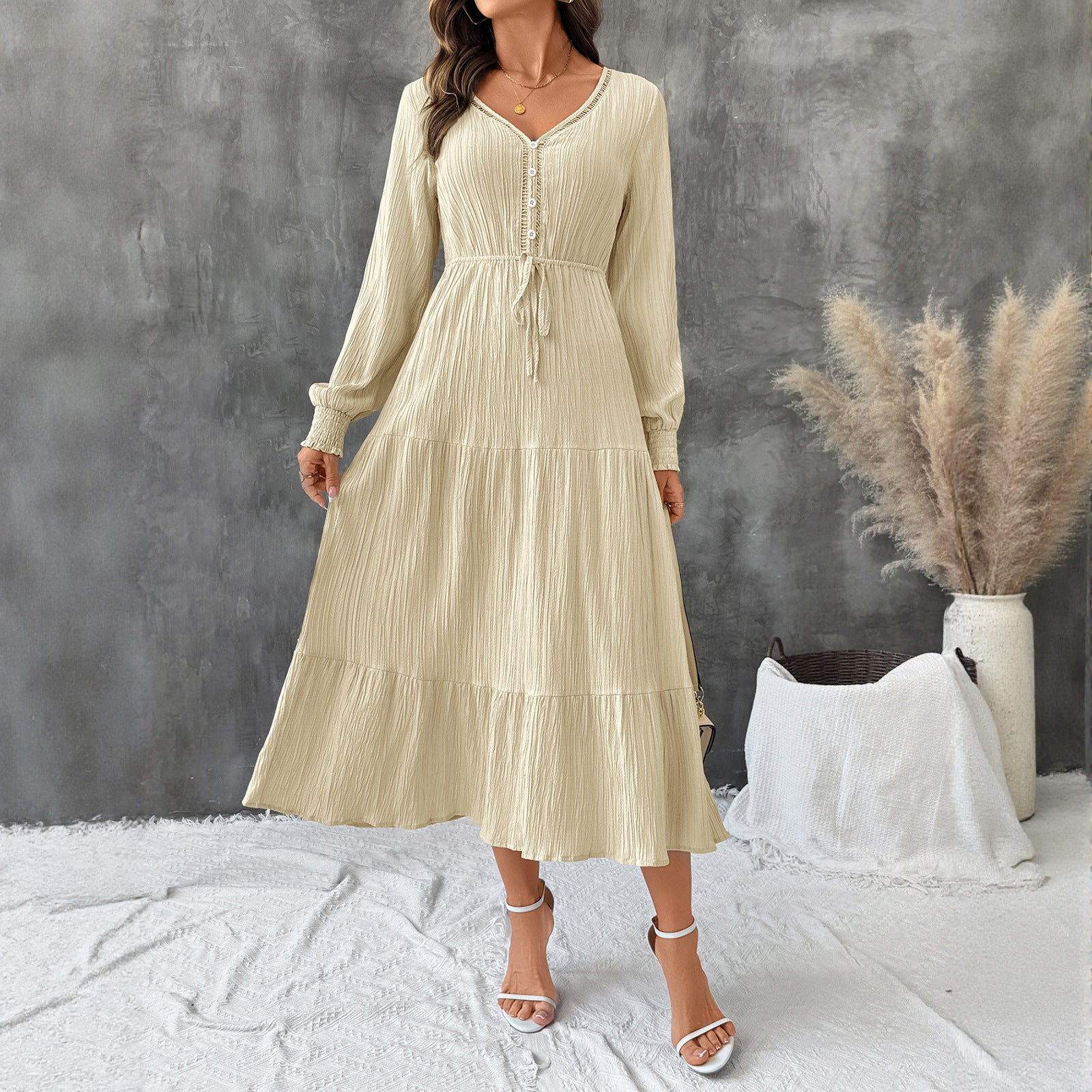 Texture Long Sleeve Stitching Dress Women