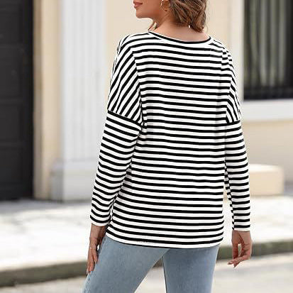 Women's Long-sleeved Round Neck T-shirt Striped Contrast Color