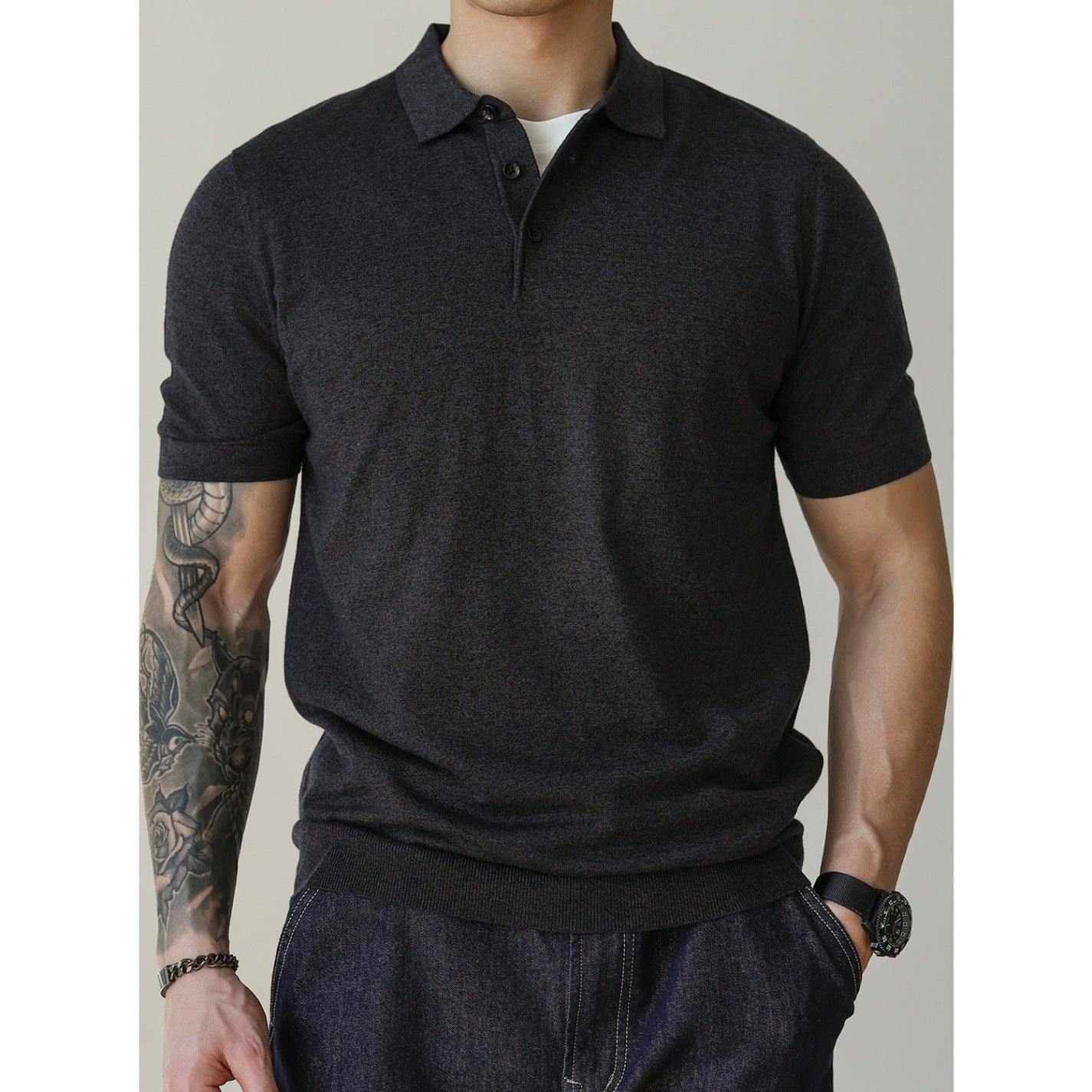 Men's Simple Summer American Casual Polo Collar Knitted Short-sleeved Bottoming Shirt