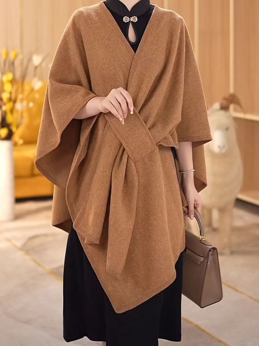 Fur Collar Fur Ball Knitted Cardigan Cape And Shawl