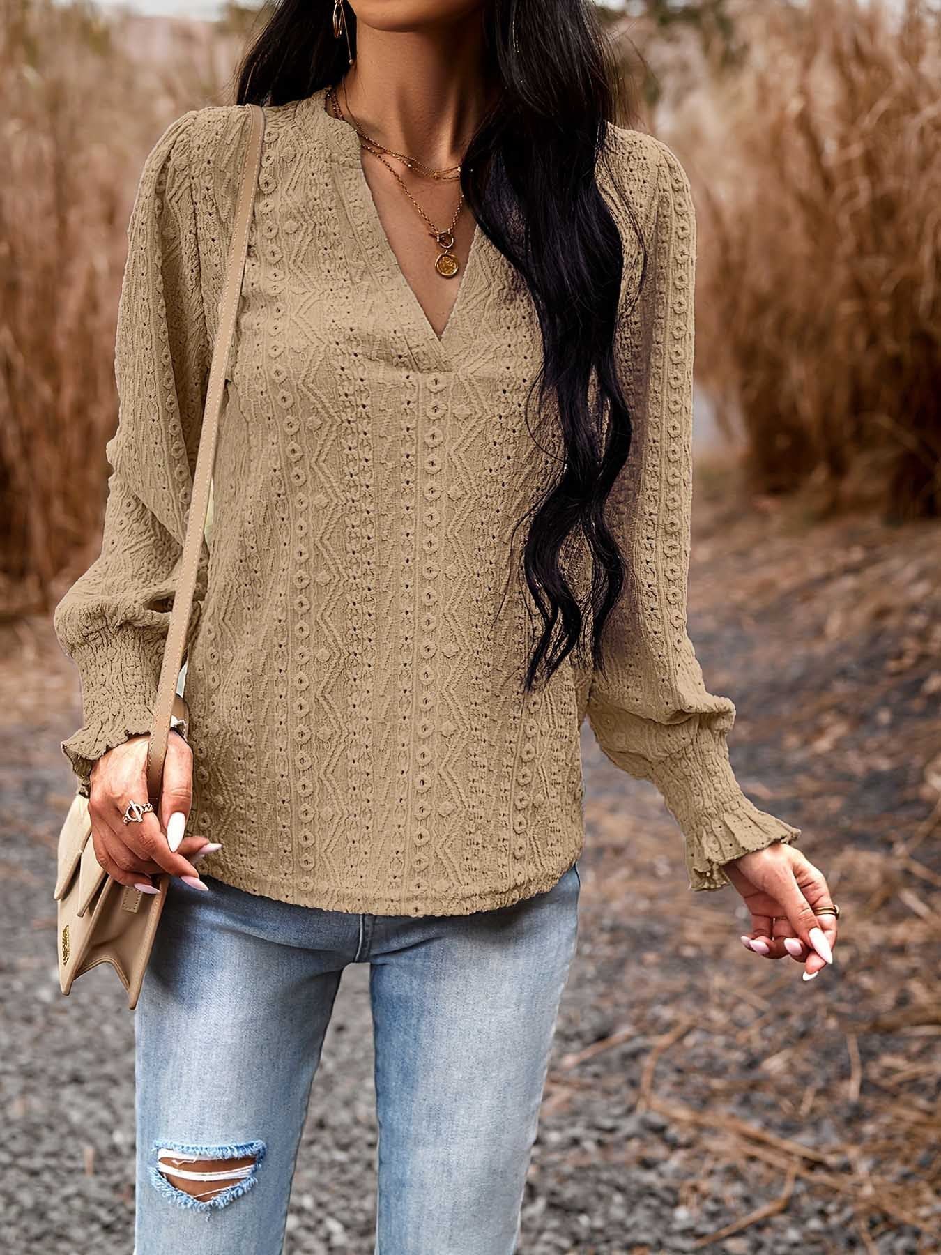 Temperament Commute Long Sleeve V-neck Smocking Top