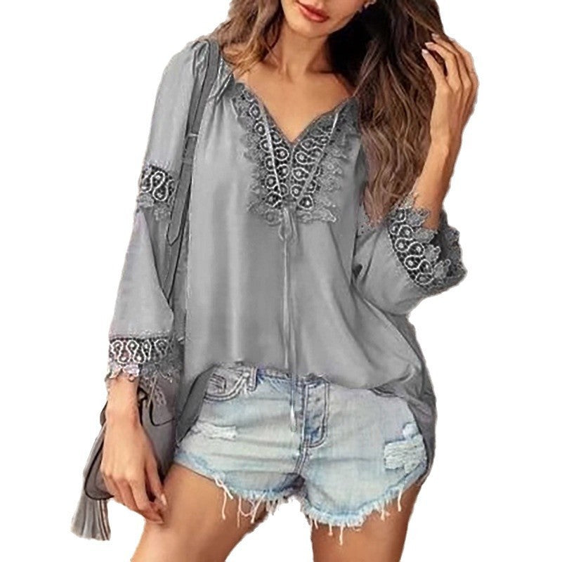 V-neck Lace Stitching Shirt Top